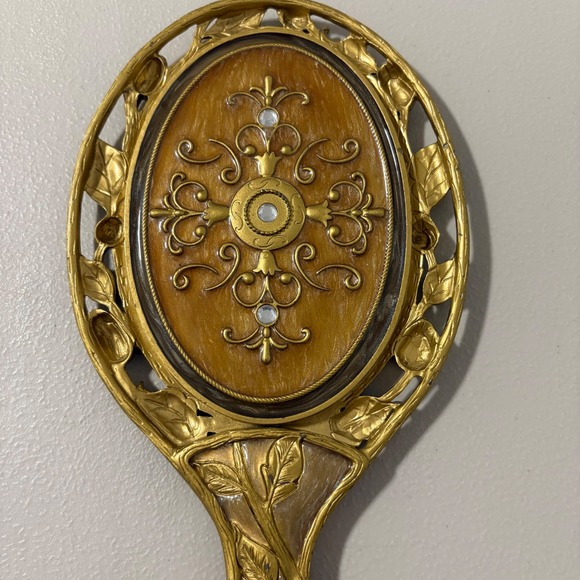 Vintage Ornate Hand Mirror Floral Art Nouveau Gilt Metal Vanity Decor - Picture 8 of 9